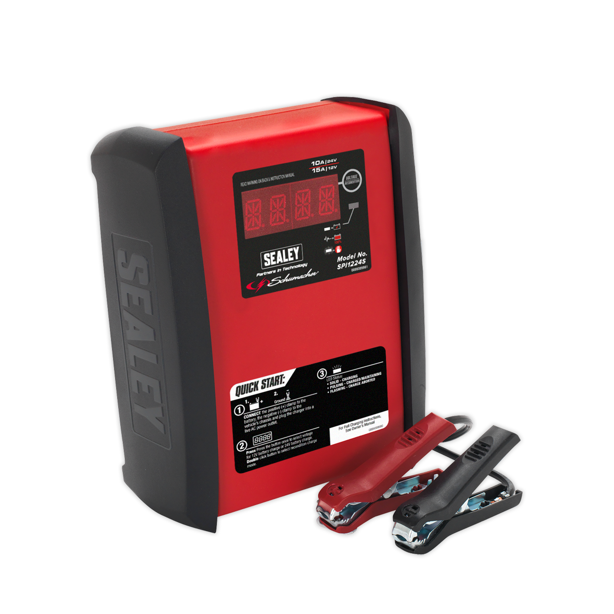 A Sealey Schumacher® Intelligent Speed Charge Battery Charger/Maintainer (12V 15A/24V 10A - SPI1224S) in red and black, equipped with a digital display, featuring reverse polarity protection and paired with two jumper cables (red and black).