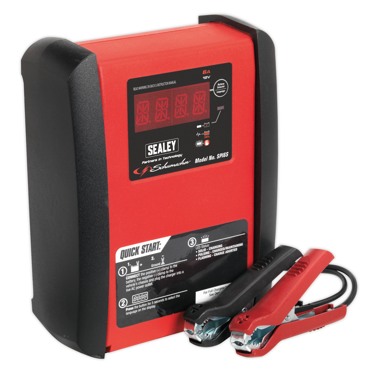 A red and black Schumacher® Intelligent Speed Charge Battery Charger/Maintainer 6A 12V - SPI6S, labeled as "Sealey" and "Quick Start," featuring attached jumper cables, designed for Lead Acid batteries, with a digital interface and various operational instructions.