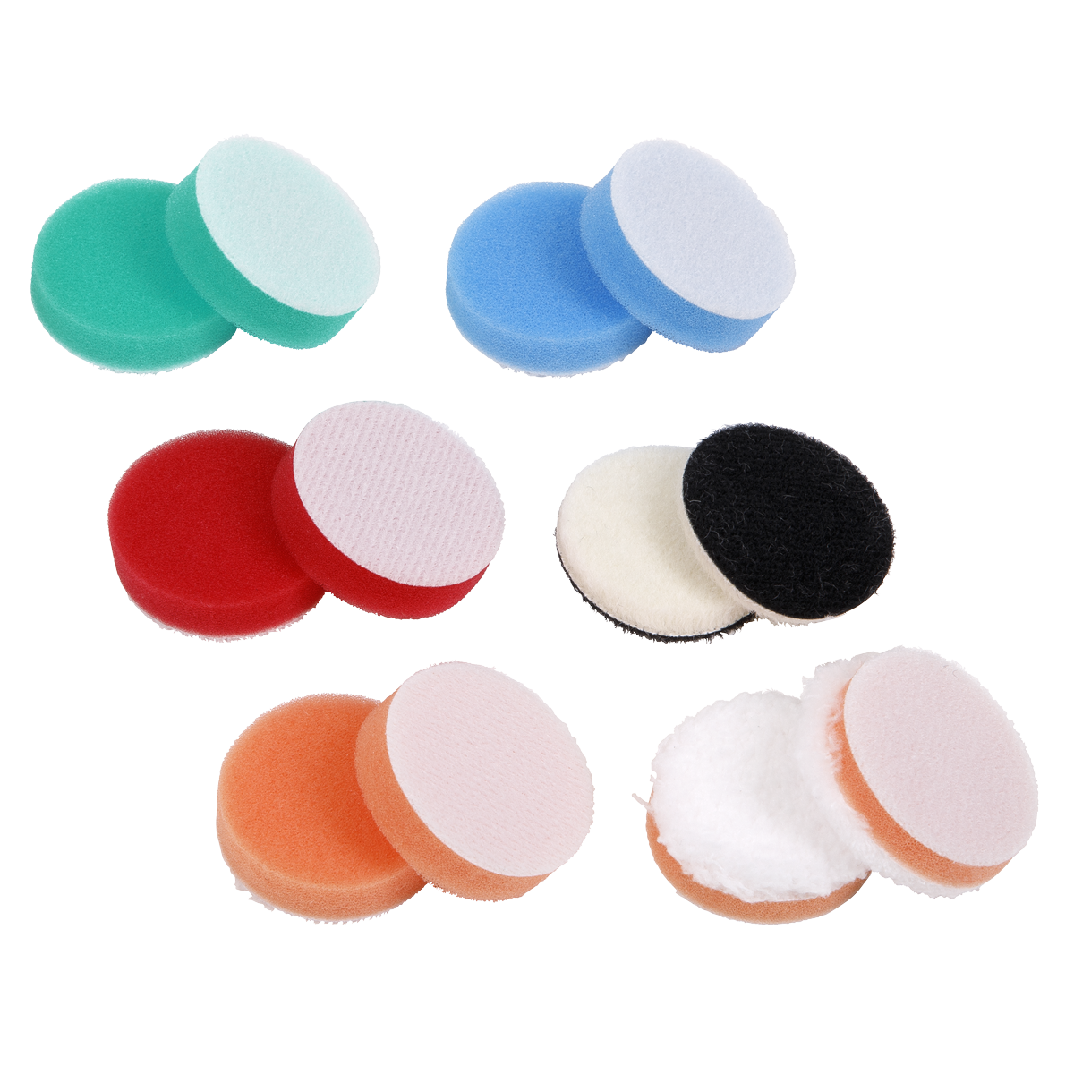 The Polisher Pad Kit Ø40mm - SPK600ACC1 by Sealey is a collection of round, colorful cleaning pads in various textures and sizes, including green, blue, red, black, white, and orange. The pads are arranged in pairs and the assorted pack also includes foam pads that are perfect for polishing tasks.