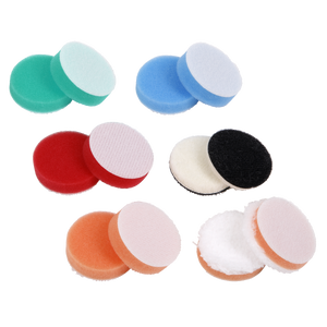 The Polisher Pad Kit Ø40mm - SPK600ACC1 by Sealey is a collection of round, colorful cleaning pads in various textures and sizes, including green, blue, red, black, white, and orange. The pads are arranged in pairs and the assorted pack also includes foam pads that are perfect for polishing tasks.