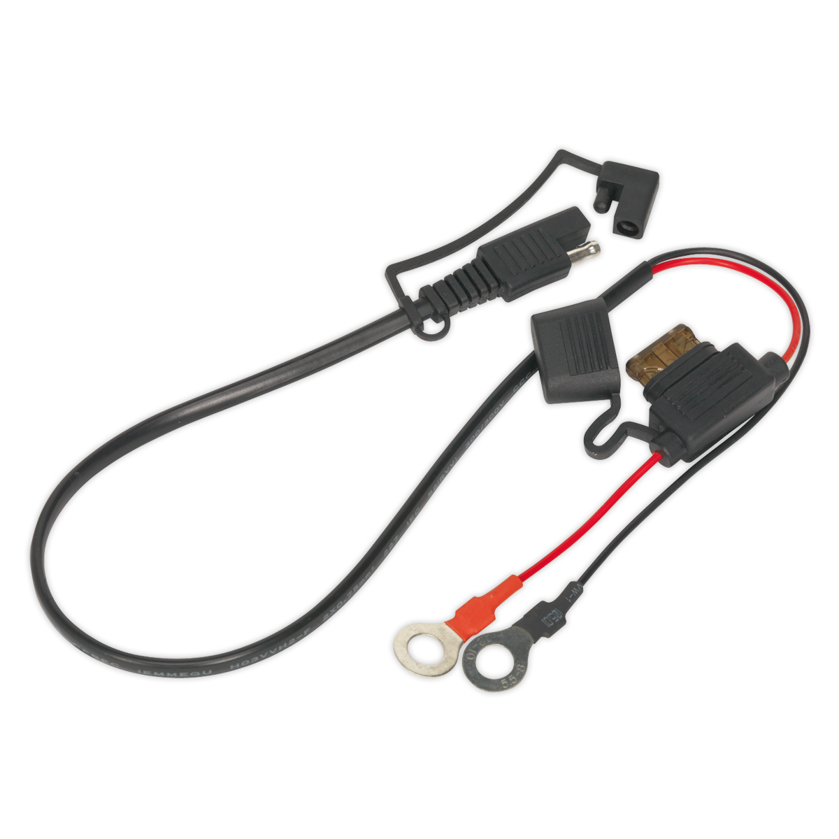 The Sealey Watertight Hardwired Terminal Connector for SPP01, SPP02 & SPP03 - SPP01.A is a black looped cable that features an in-line fuse unit with ring terminals on one end and a standard SAE connector with a weatherproof cap on the other.