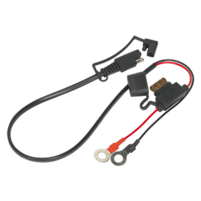 The Sealey Watertight Hardwired Terminal Connector for SPP01, SPP02 & SPP03 - SPP01.A is a black looped cable that features an in-line fuse unit with ring terminals on one end and a standard SAE connector with a weatherproof cap on the other.