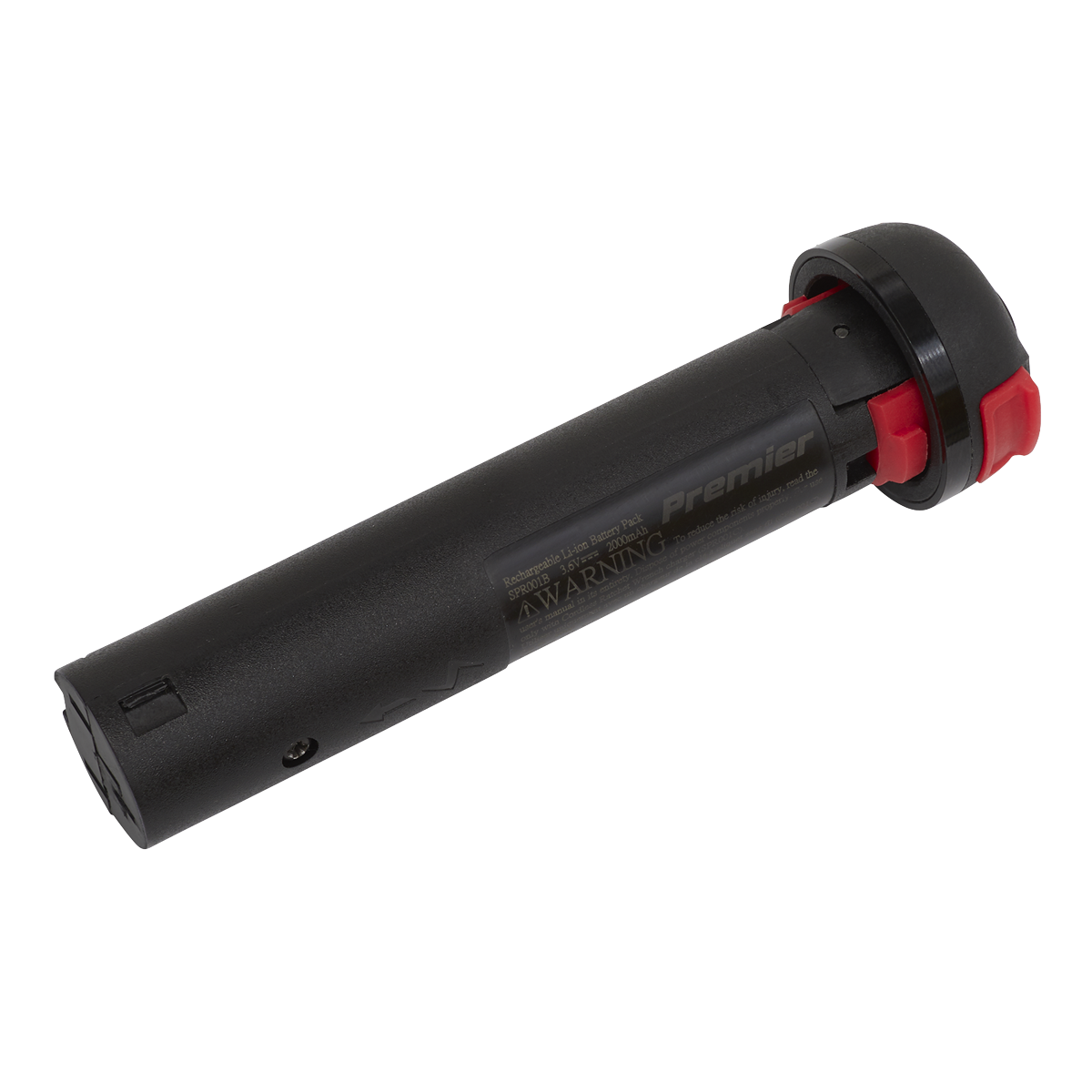 A black and red cylindrical handheld device, resembling a flashlight or small torch, resting on a white surface, is powered by the Sealey Rechargeable 3.6V 2Ah Lithium-ion Battery for SPR001 & SPR002 - SPR001B.