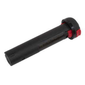 A black and red cylindrical handheld device, resembling a flashlight or small torch, resting on a white surface, is powered by the Sealey Rechargeable 3.6V 2Ah Lithium-ion Battery for SPR001 & SPR002 - SPR001B.