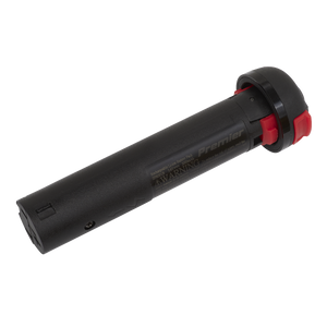 A black and red cylindrical handheld device, resembling a flashlight or small torch, resting on a white surface, is powered by the Sealey Rechargeable 3.6V 2Ah Lithium-ion Battery for SPR001 & SPR002 - SPR001B.