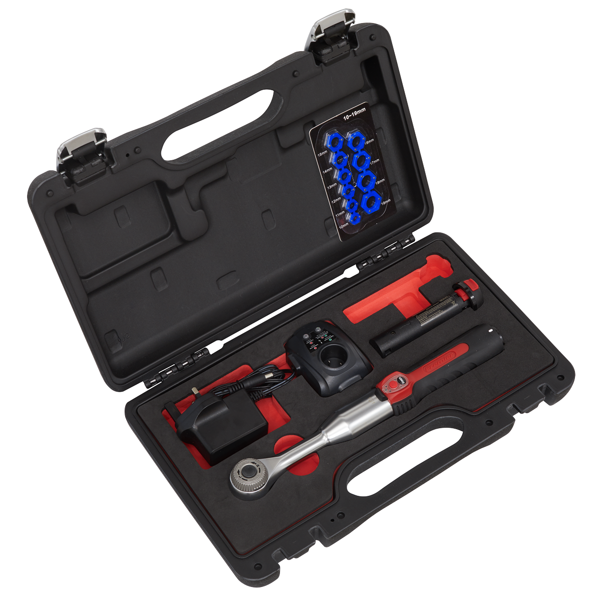 A black hard-shell case containing a Sealey Power Speed Ratchet 3/8"Sq Drive - SPR001 with a rechargeable lithium-ion battery, a charging unit, various sockets, and other tools, laid out in custom cutouts within the foam interior.