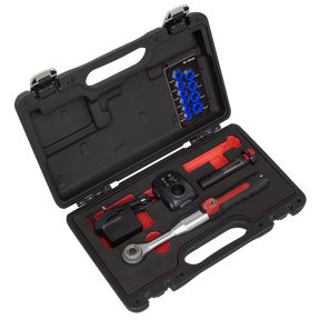 A black hard-shell case containing a Sealey Power Speed Ratchet 3/8"Sq Drive - SPR001 with a rechargeable lithium-ion battery, a charging unit, various sockets, and other tools, laid out in custom cutouts within the foam interior.