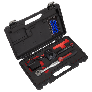 A black hard-shell case containing a Sealey Power Speed Ratchet 3/8"Sq Drive - SPR001 with a rechargeable lithium-ion battery, a charging unit, various sockets, and other tools, laid out in custom cutouts within the foam interior.