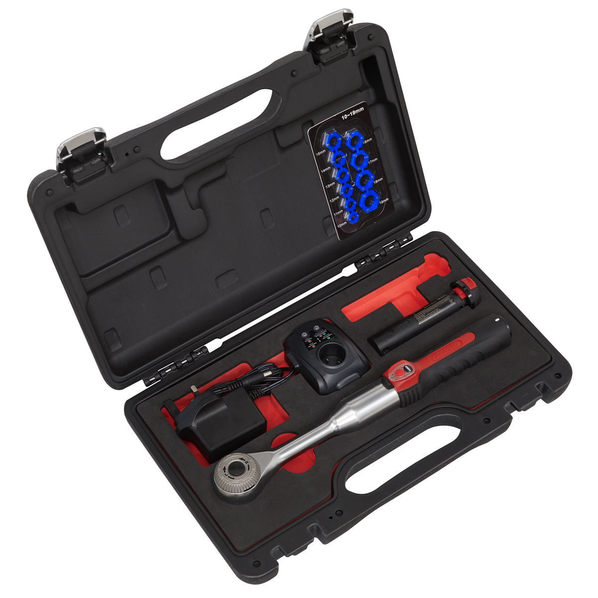 A hard plastic case containing a Sealey Power Speed Ratchet 1/2"Sq Drive (SPR002), an electronic torque wrench with a rechargeable lithium-ion battery, a charging unit, and a set of sockets.