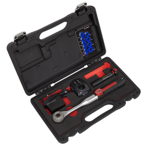 A hard plastic case containing a Sealey Power Speed Ratchet 1/2"Sq Drive (SPR002), an electronic torque wrench with a rechargeable lithium-ion battery, a charging unit, and a set of sockets.