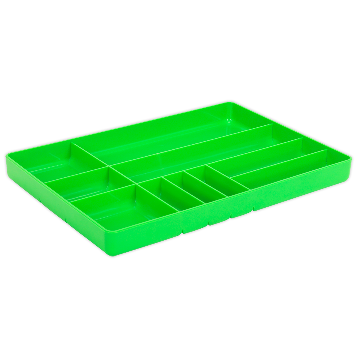 A Sealey Tool & Parts Organiser Hi-Vis Green - SPT01HV is a green plastic tray with multiple sections of various sizes for organizing items, making it ideal for professional use.