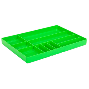 A Sealey Tool & Parts Organiser Hi-Vis Green - SPT01HV is a green plastic tray with multiple sections of various sizes for organizing items, making it ideal for professional use.