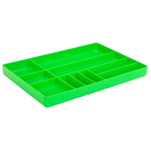 A Sealey Tool & Parts Organiser Hi-Vis Green - SPT01HV is a green plastic tray with multiple sections of various sizes for organizing items, making it ideal for professional use.