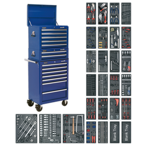 The Sealey Tool Chest Combination 14 Drawer with Ball-Bearing Slides - Blue & 1179pc Tool Kit - SPTCCOMBO1 is a blue multi-drawer tool chest on wheels, featuring heavy-duty ball-bearing slides and organized with a rust and solvent resistant 1179-piece tool kit in adjacent trays.