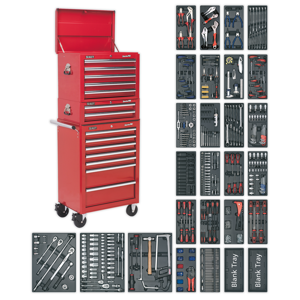 A Sealey Tool Chest Combination 14 Drawer with Ball-Bearing Slides - Red & 1179pc Tool Kit (SPTCOMBO1) is centrally placed, fitted with heavy-duty ball-bearing drawer slides, and surrounded by an assortment of neatly organized tools including wrenches, screwdrivers, pliers, and sockets.