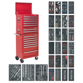 A Sealey Tool Chest Combination 14 Drawer with Ball-Bearing Slides - Red & 1179pc Tool Kit (SPTCOMBO1) is centrally placed, fitted with heavy-duty ball-bearing drawer slides, and surrounded by an assortment of neatly organized tools including wrenches, screwdrivers, pliers, and sockets.