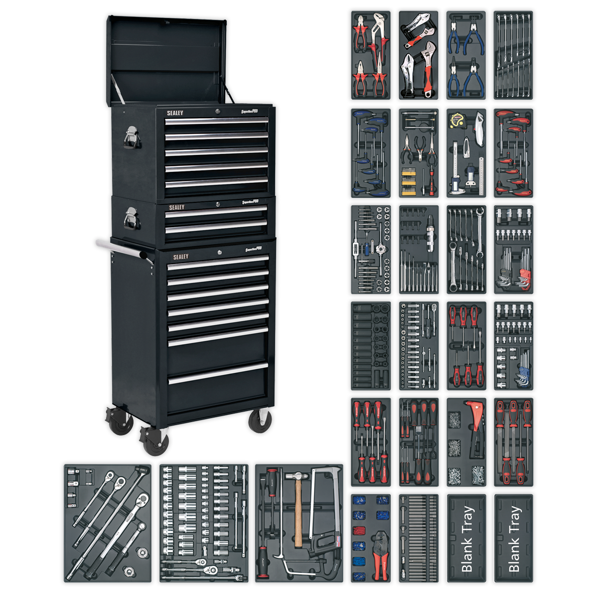 Tool Chest Combination 14 Drawer with Ball-Bearing Slides - Black & 1179pc Tool Kit - SPTCOMBO2 - Farming Parts