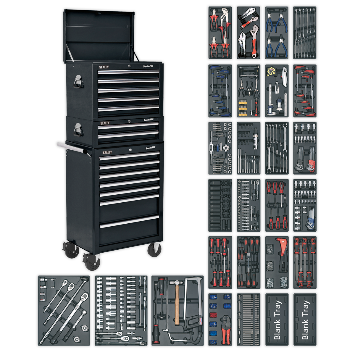 The Sealey Tool Chest Combination 14 Drawer with Ball-Bearing Slides - Black & 1179pc Tool Kit (SPTCOMBO2) is a robust, mobile tool chest with multiple open drawers and ball-bearing drawer slides. It’s surrounded by a well-organized assortment of tools including wrenches, screwdrivers, pliers, and sockets neatly arranged in trays.