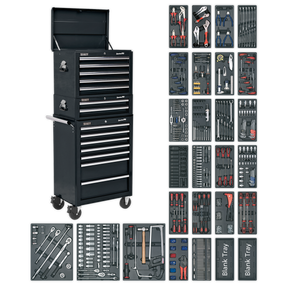 The Sealey Tool Chest Combination 14 Drawer with Ball-Bearing Slides - Black & 1179pc Tool Kit (SPTCOMBO2) is a robust, mobile tool chest with multiple open drawers and ball-bearing drawer slides. It’s surrounded by a well-organized assortment of tools including wrenches, screwdrivers, pliers, and sockets neatly arranged in trays.