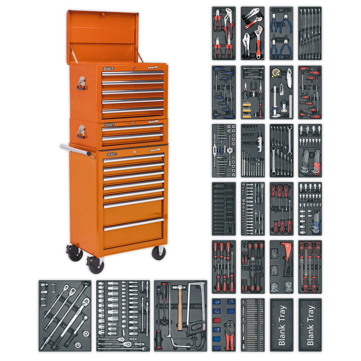 Tool Chest Combination 14 Drawer with Ball-Bearing Slides - Orange & 1179pc Tool Kit - SPTOCOMBO1 - Farming Parts