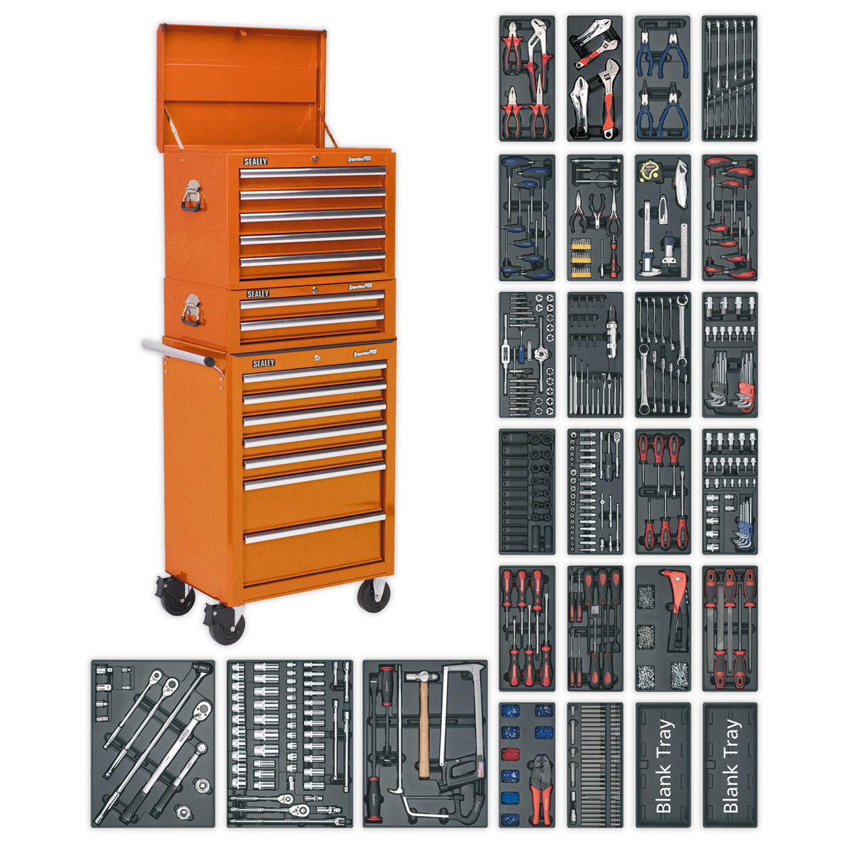 Sealey's SPTOCOMBO1, an orange 14-drawer tool chest combination with ball-bearing slides, is displayed alongside meticulously organized trays of various hand tools, including wrenches, pliers, screwdrivers, and more from the 1179-piece tool kit.