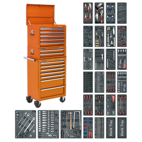 Sealey's SPTOCOMBO1, an orange 14-drawer tool chest combination with ball-bearing slides, is displayed alongside meticulously organized trays of various hand tools, including wrenches, pliers, screwdrivers, and more from the 1179-piece tool kit.