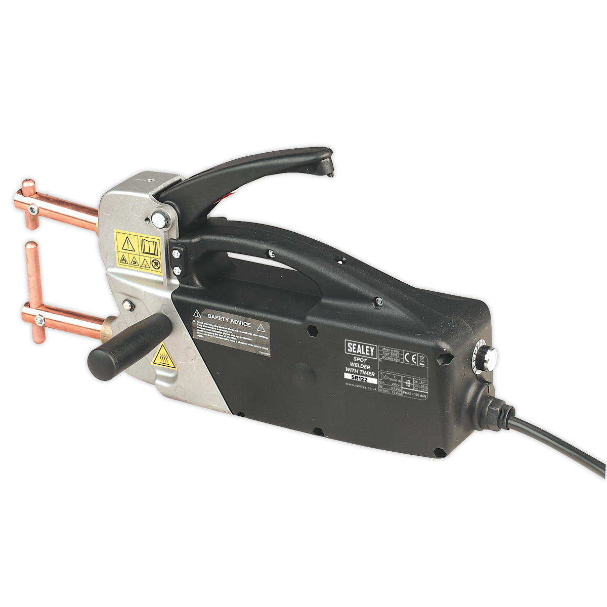 Image of the Sealey Spot Welder with Timer - SR122, featuring a black and silver design, copper-colored arms, and a power cord. The device includes warning labels, an integral synchronous timer, adjustable jaw pressure, and the Sealey brand logo on the side.