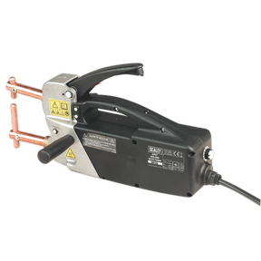 Image of the Sealey Spot Welder with Timer - SR122, featuring a black and silver design, copper-colored arms, and a power cord. The device includes warning labels, an integral synchronous timer, adjustable jaw pressure, and the Sealey brand logo on the side.
