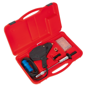The Sealey Stud Welder with Slide Hammer - SR20 is equipped with an electric hot knife tool, blade attachments, a handle, a heating element, and a coiled power cable, making it perfect for precise body repairs and smoothing out dents like a professional welder.