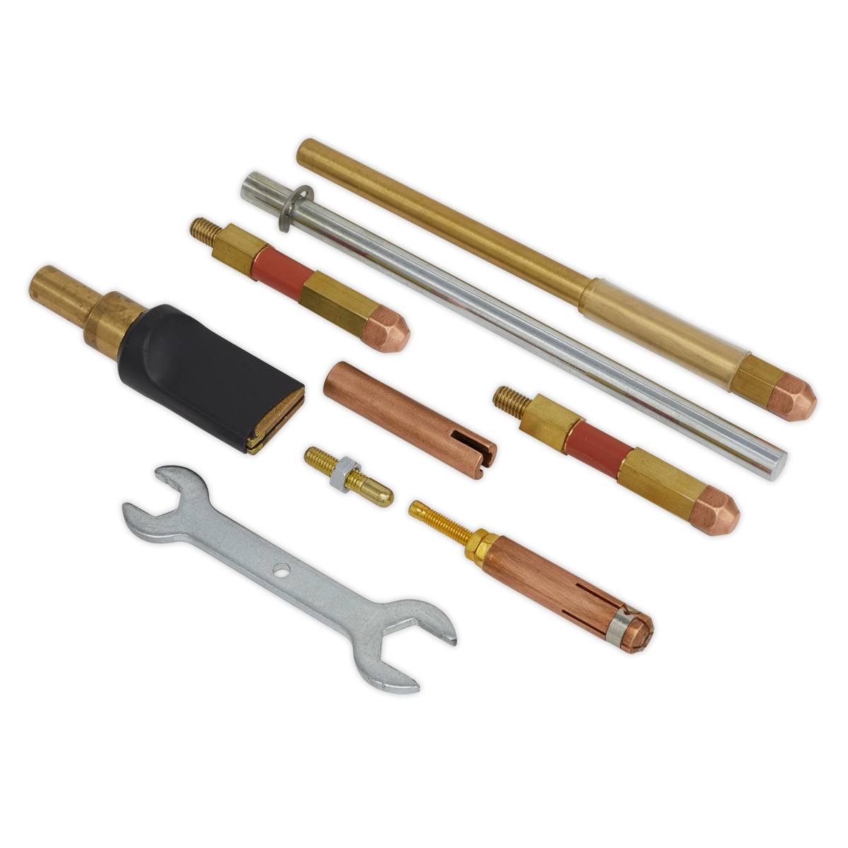 A set of varying brass and copper welding torch tips and parts, along with a silver wrench tool, all compatible with the Electrode Kit for SR2000 (Model No. SR2000.E) by Sealey.