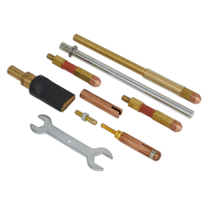 A set of varying brass and copper welding torch tips and parts, along with a silver wrench tool, all compatible with the Electrode Kit for SR2000 (Model No. SR2000.E) by Sealey.