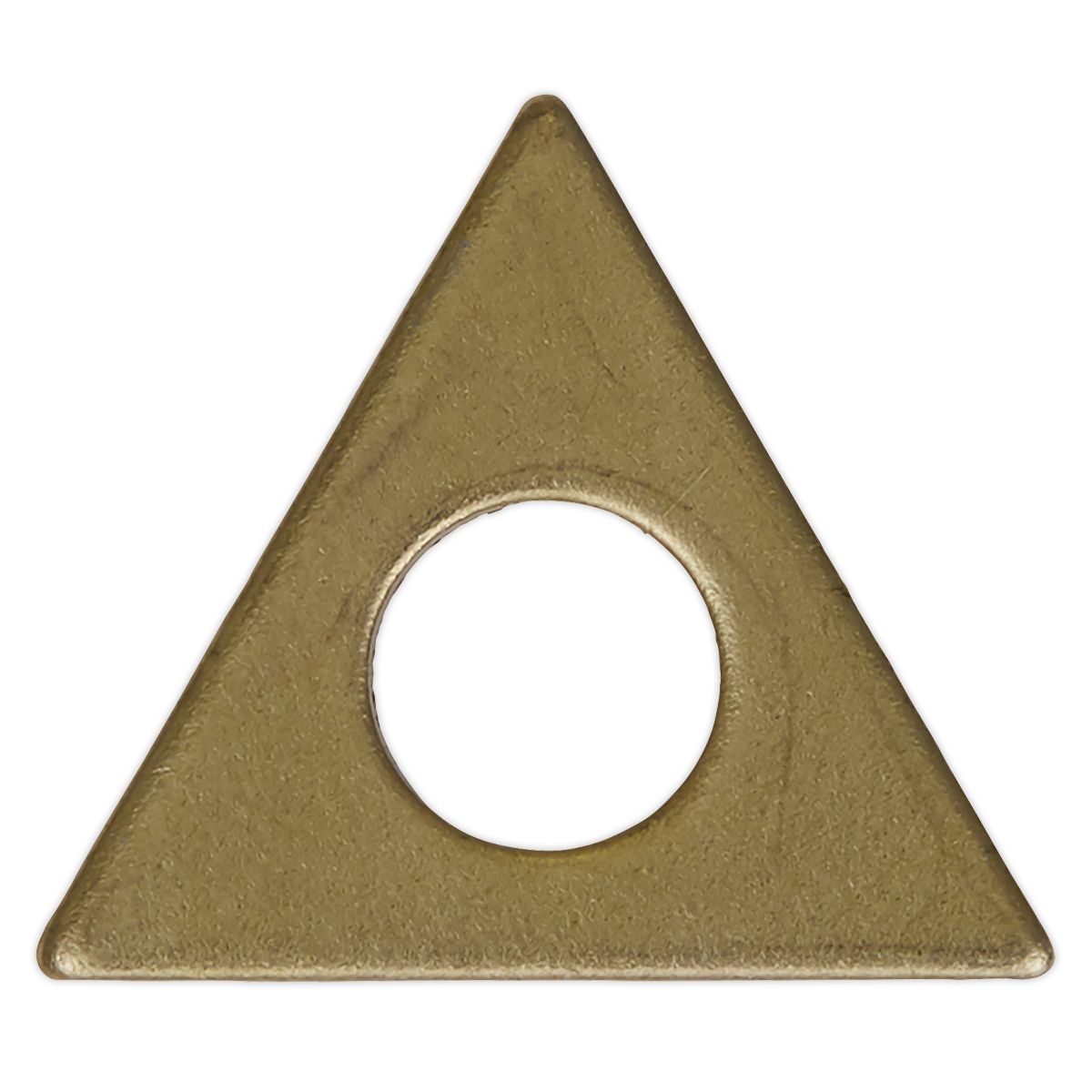 The SR2000.TW pack of 10 Triangle Washers by Sealey is a set of bronze-colored, equilateral triangular objects with circular holes in the center.