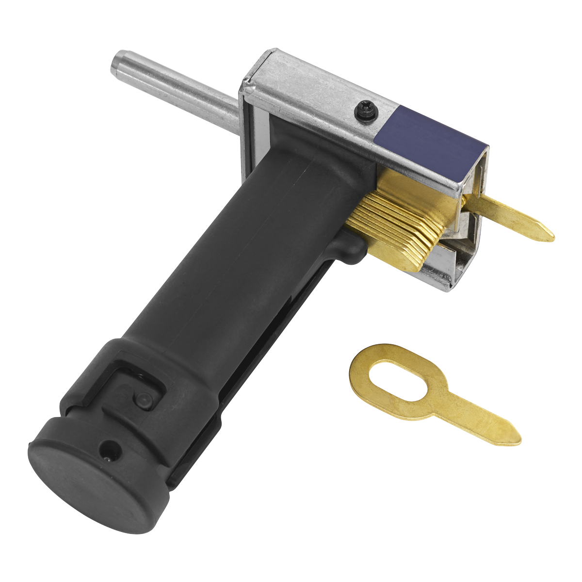 Product Description: The Sealey Tab Shooter for SR2000 - SR2000TS features a black-handled lock picking tool with an attached metal mechanism, and comes with a separate brass key bit, all isolated on a white background. It is perfectly suited for semi-automatic loading of tabs in Model No. SR2000.