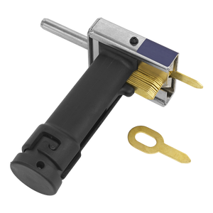 Product Description: The Sealey Tab Shooter for SR2000 - SR2000TS features a black-handled lock picking tool with an attached metal mechanism, and comes with a separate brass key bit, all isolated on a white background. It is perfectly suited for semi-automatic loading of tabs in Model No. SR2000.