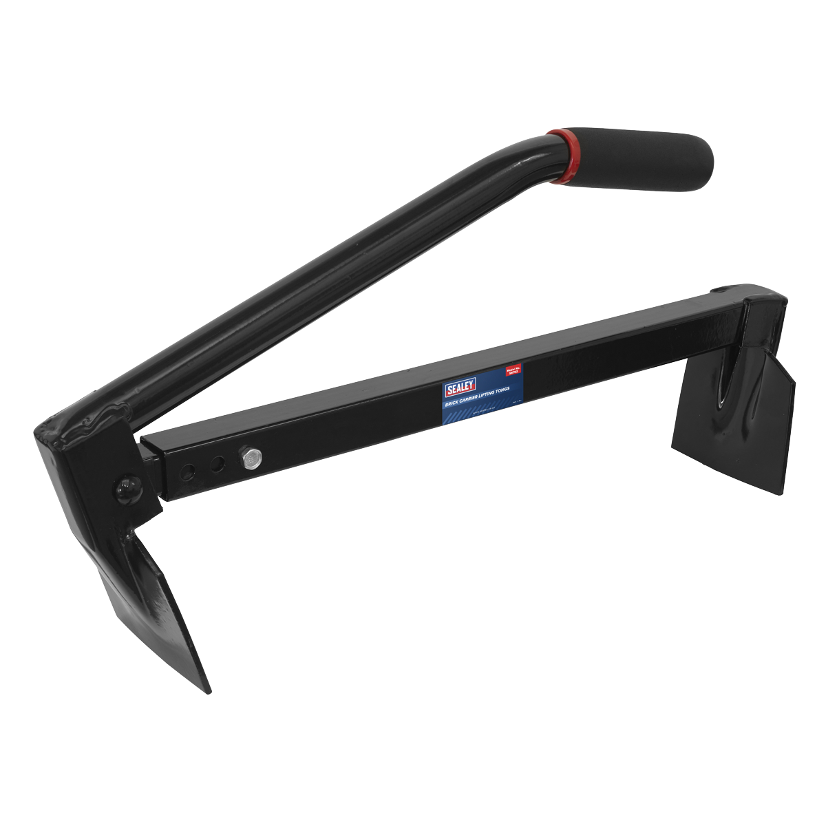 The Sealey Brick Carrier Lifting Tongs - SR702, featuring a padded grip and labeling, is a professional-grade tool designed for lifting bricks, making it perfect for heavy-duty tasks.