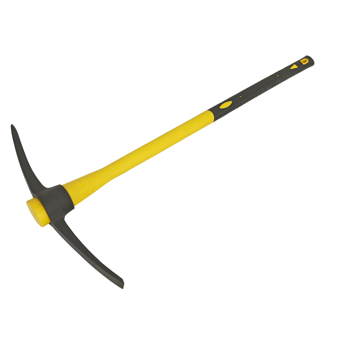 A Sealey Railroad Pick Axe with Fibreglass Handle - SR704 features a yellow body, black rubber grip, double-sided head with a pointed end and a chisel end, and is constructed from forged steel.