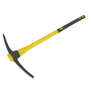 A Sealey Railroad Pick Axe with Fibreglass Handle - SR704 features a yellow body, black rubber grip, double-sided head with a pointed end and a chisel end, and is constructed from forged steel.