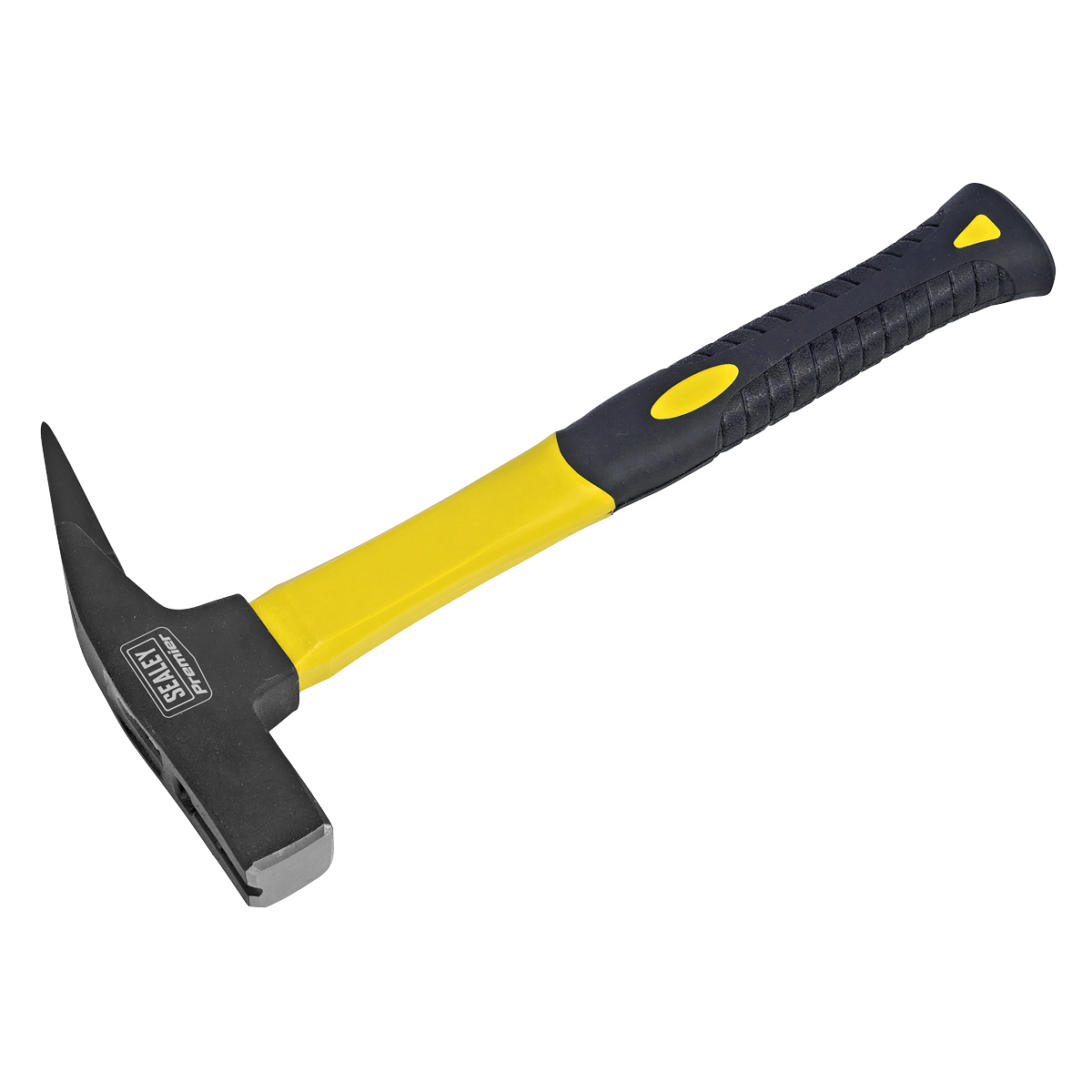 Image of a Sealey Roofing Hammer with Fibreglass Handle 600g - SR706. The hammer features a yellow and black ergonomic non-slip handle, a sharp, pointed rear claw, and a flat, rectangular striking surface that ensures balanced swing power for precise strikes.