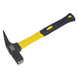 Image of a Sealey Roofing Hammer with Fibreglass Handle 600g - SR706. The hammer features a yellow and black ergonomic non-slip handle, a sharp, pointed rear claw, and a flat, rectangular striking surface that ensures balanced swing power for precise strikes.