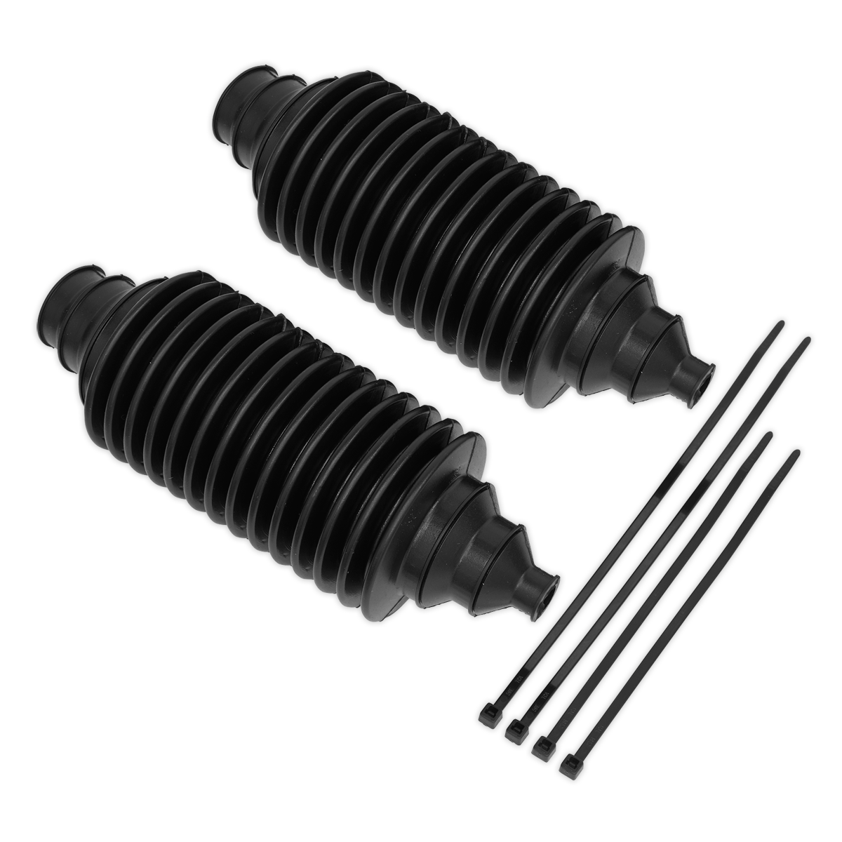 Two black, accordion-style steering rack boots with four matching plastic securing ties from the Universal Steering Rack Boot Kit - SRBK200 by Sealey.