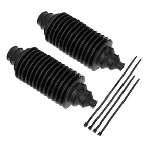 Two black, accordion-style steering rack boots with four matching plastic securing ties from the Universal Steering Rack Boot Kit - SRBK200 by Sealey.
