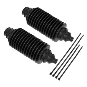 Two black, accordion-style steering rack boots with four matching plastic securing ties from the Universal Steering Rack Boot Kit - SRBK200 by Sealey.