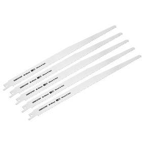 A pack of five Sealey reciprocating saw blades, each 300mm in length and featuring a 6TPI design, ideal for precision and durability when cutting through wood and nails. The blades are marked with "SRBR1211DF.