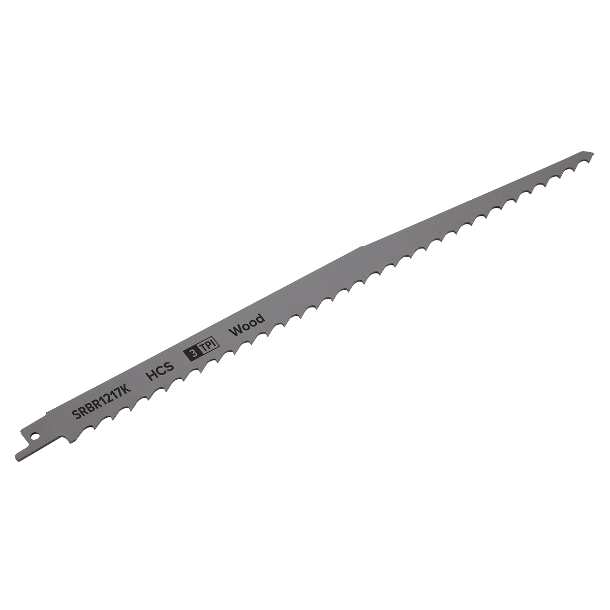 A Sealey Reciprocating Saw Blade Pruning & Coarse Wood 300mm 3tpi, pack of 5 (model SRBR1217K), designed for cutting soft wood, displayed on a white background.