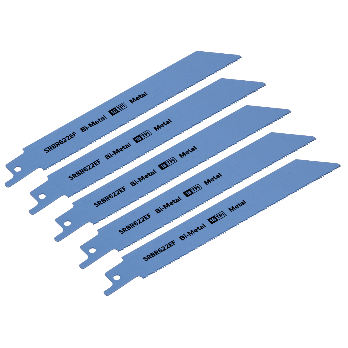 Four reciprocating saw blades from Sealey, each 150mm long with 18 teeth per inch, labeled "SRBR622EF," ideal for cutting thin sheet metals. The pack contains five blades.