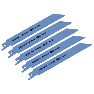 Four reciprocating saw blades from Sealey, each 150mm long with 18 teeth per inch, labeled "SRBR622EF," ideal for cutting thin sheet metals. The pack contains five blades.