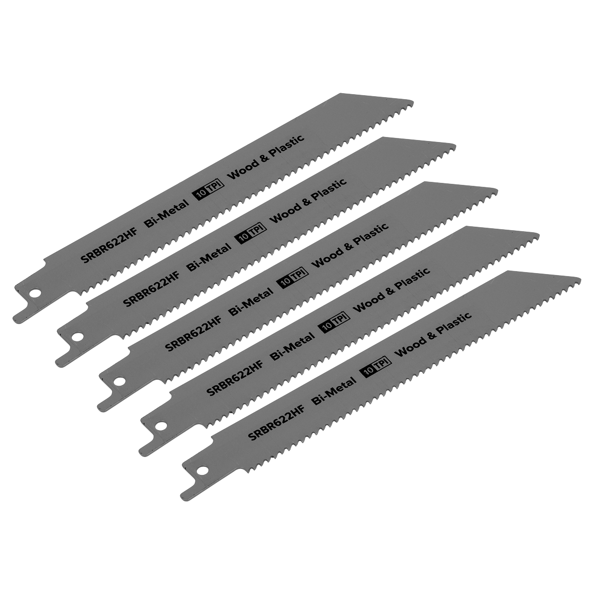 Five Sealey Reciprocating Saw Blades for wood and plastics, measuring 150mm with 10 teeth per inch, arranged in a slightly staggered row. Pack of 5 (Product Code: SRBR622HF).