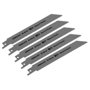 Five Sealey Reciprocating Saw Blades for wood and plastics, measuring 150mm with 10 teeth per inch, arranged in a slightly staggered row. Pack of 5 (Product Code: SRBR622HF).