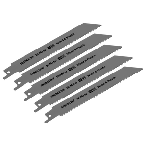 Five Sealey Reciprocating Saw Blades for wood and plastics, measuring 150mm with 10 teeth per inch, arranged in a slightly staggered row. Pack of 5 (Product Code: SRBR622HF).