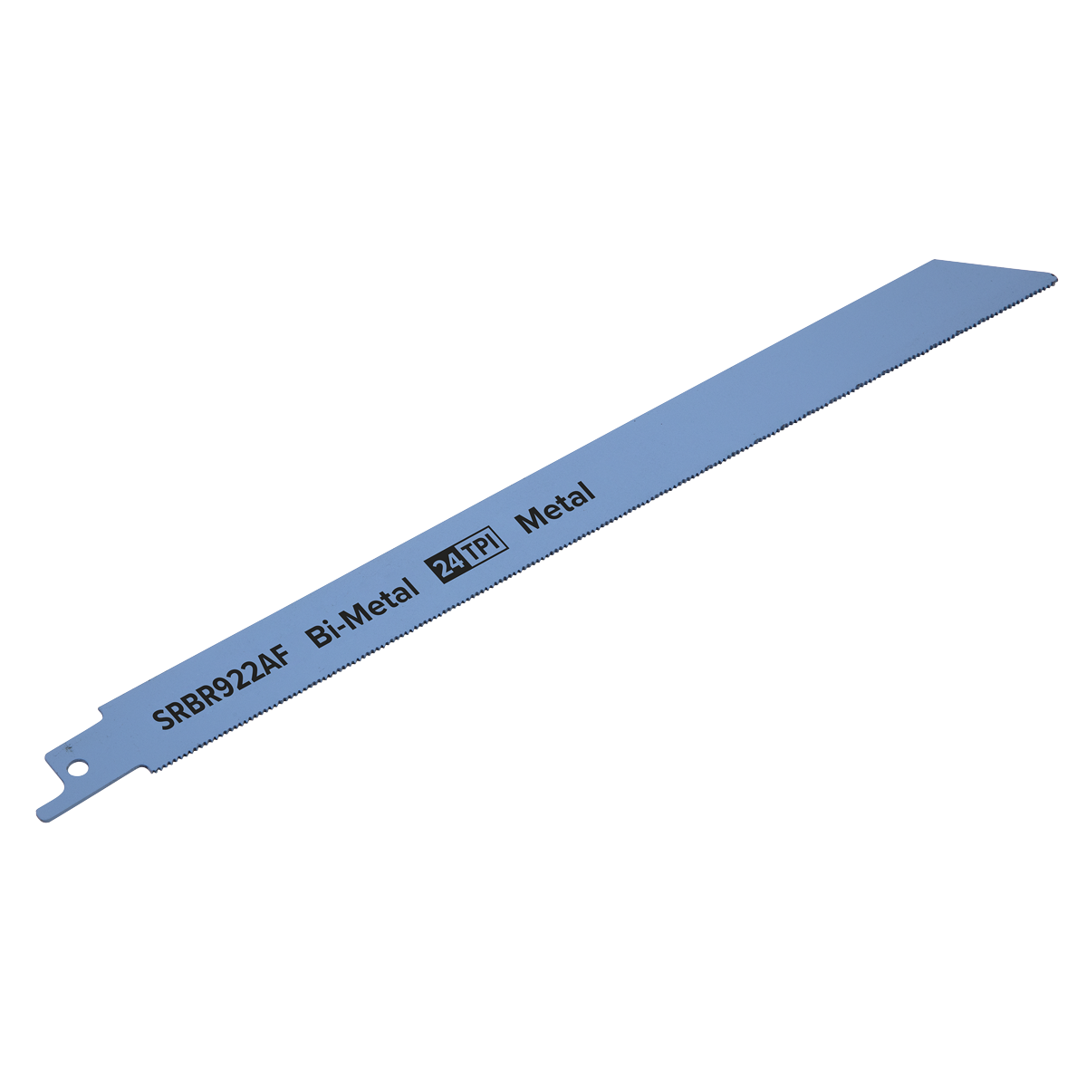 A straight, blue bi-metal reciprocating saw blade from Sealey, labeled "SRBR922AF Bi-Metal 24TPI Metal," ideal for cutting thin sheet metals and featuring a single hole at one end for attachment to reciprocating saws. Comes in a pack of five with each blade measuring 230mm in length.